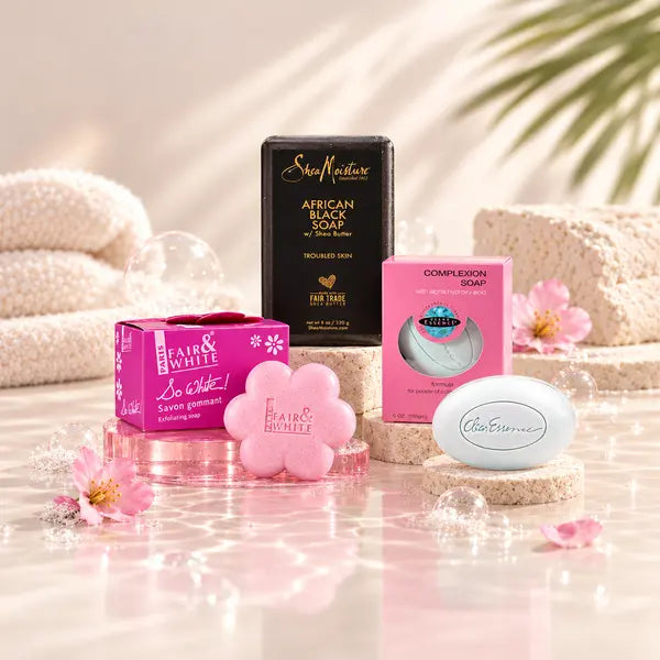 Bath and Soaps collection featuring Fair & White, Clear Essence and SheaMoisture soaps