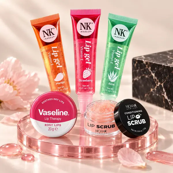 Lip Care collection featuring Nicka K Lip Gel, Vaseline Rosy Lips and Nicka K Lip Scrub