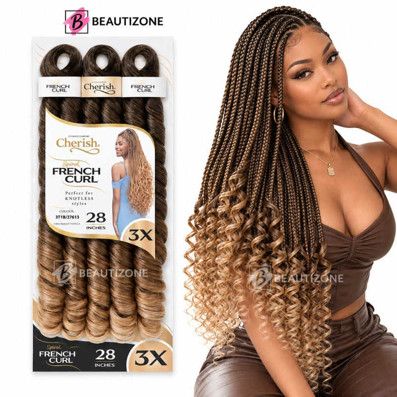 Beautyzone Cherish French Curl hair extension pack shown next to a model wearing the long, curly braided hair extensions. The packaging displays three bundles of dark brown to light brown synthetic French curls, and the model showcases the final styled, voluminous look.