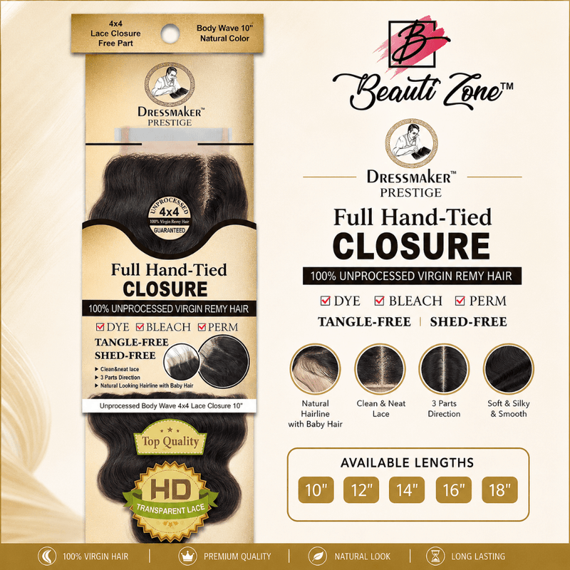 Dressmaker 100% unprocessed virgin remy body wave lace closure 4x4 free part natural color, Dressmaker, Beautizone UK