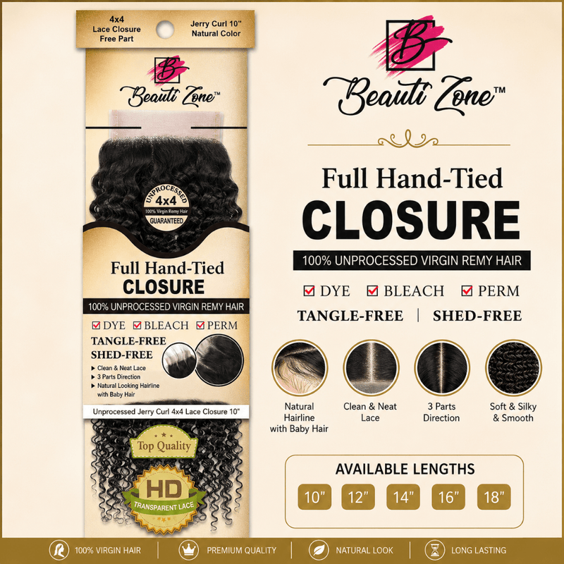 Dressmaker 100% unprocessed virgin remy Jerry Curl lace closure 4x4 free part natural color, Dressmaker, Beautizone UK