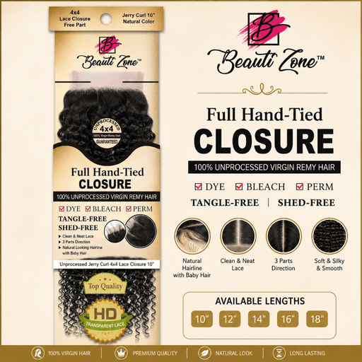 Dressmaker 100% unprocessed virgin remy Jerry Curl lace closure 4x4 free part natural color, Dressmaker, Beautizone UK