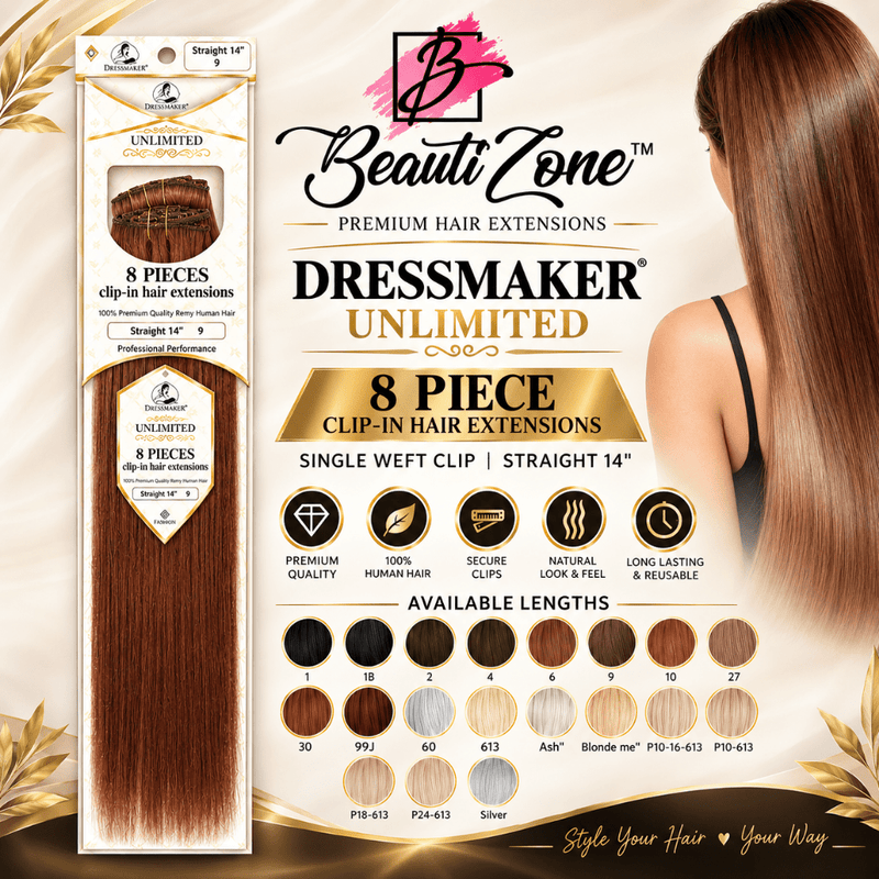 Dressmaker Unlimited 8 Piece Clip In Hair Extensions Single Weft Clip Straight 14 Inch, Dressmaker, Beautizone UK