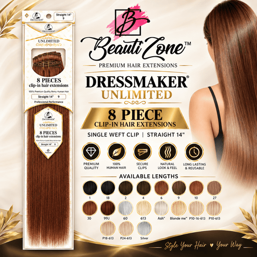 Dressmaker Unlimited 8 Piece Clip In Hair Extensions Single Weft Clip Straight 14 Inch, Dressmaker, Beautizone UK