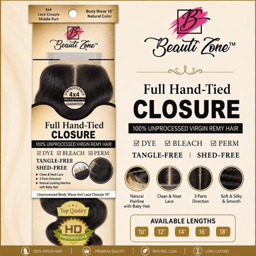 Dressmaker Virgin Remy Body Wave Lace Closure 4x4 Middle Part Natural Color, Dressmaker, Beautizone UK