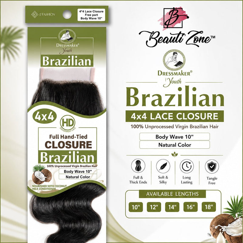Dressmaker Youth Virgin Brazilian Free Part Lace Closure 4x4 Body Wave, Dressmaker, Beautizone UK