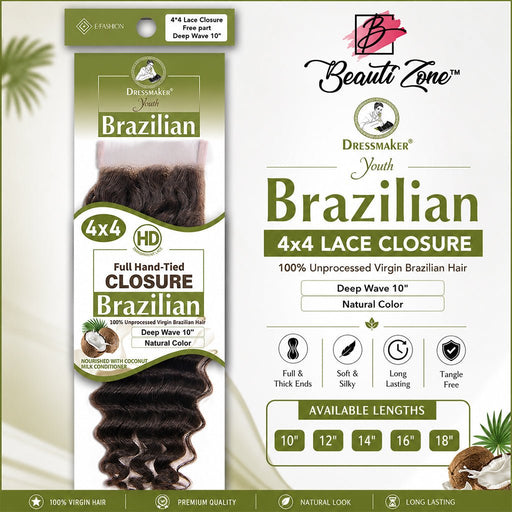 Dressmaker Youth Virgin Brazilian Free Part Lace Closure 4x4 Deep Wave, Dressmaker, Beautizone UK