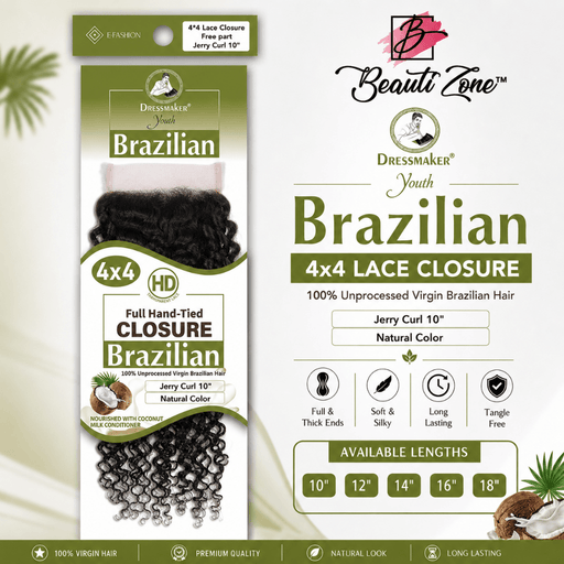 Dressmaker Youth Virgin Brazilian Free Part Lace Closure 4x4 Jerry Curl, Dressmaker, Beautizone UK