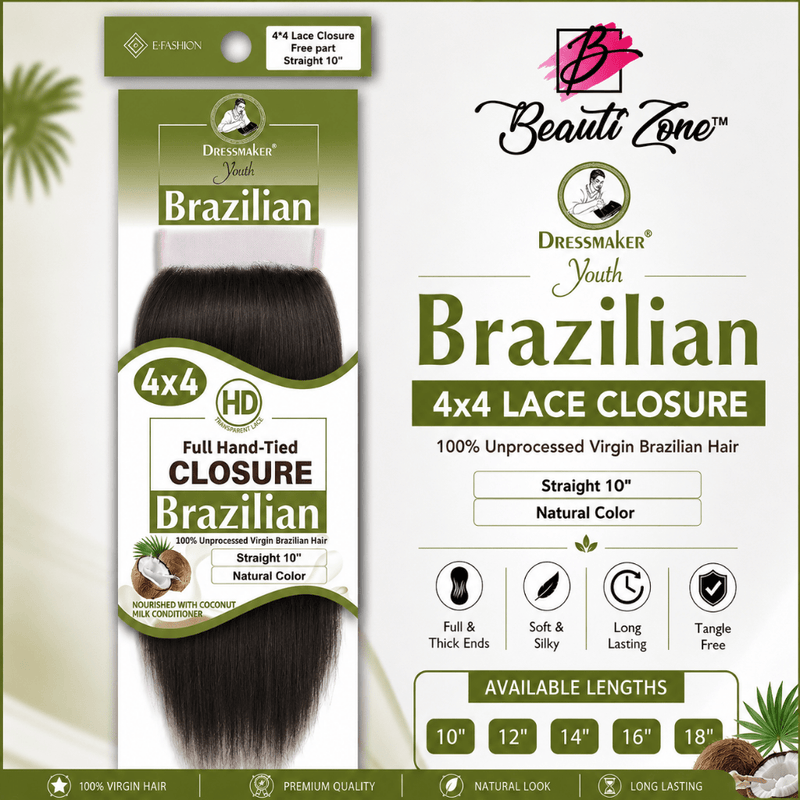 Dressmaker Youth Virgin Brazilian Free Part Lace Closure 4x4 Straight, Dressmaker, Beautizone UK