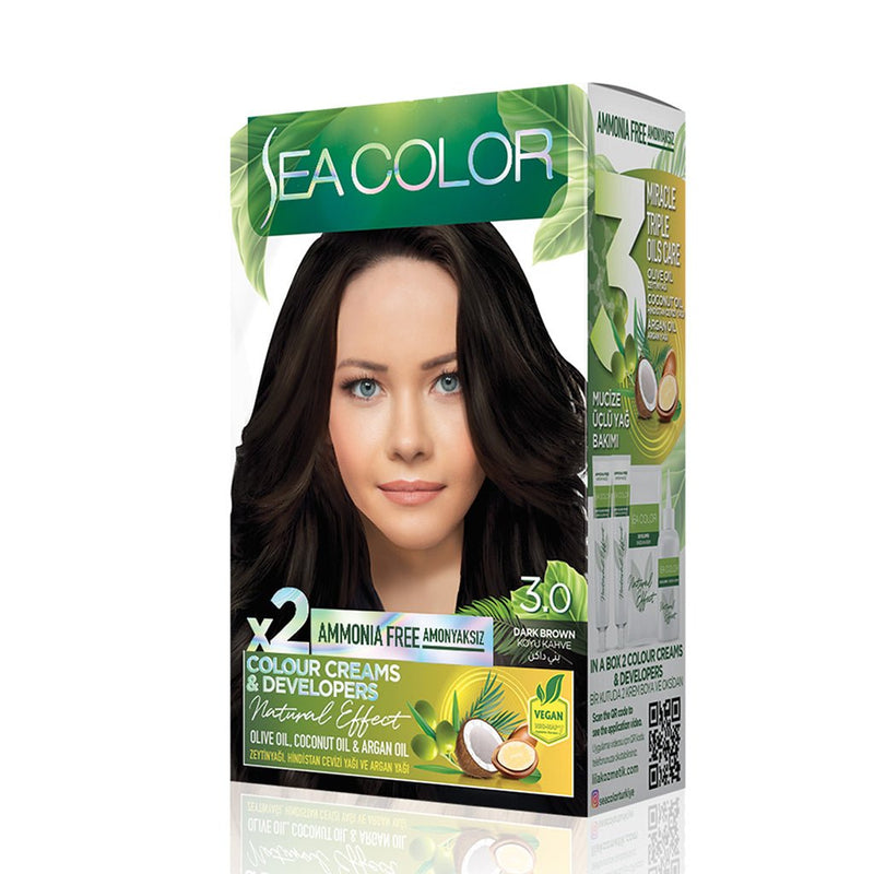 SEA COLOR Ammonia Free Permanent Hair Dye Dark Brown 3.0 50ml, SEA COLOR, Beautizone UK