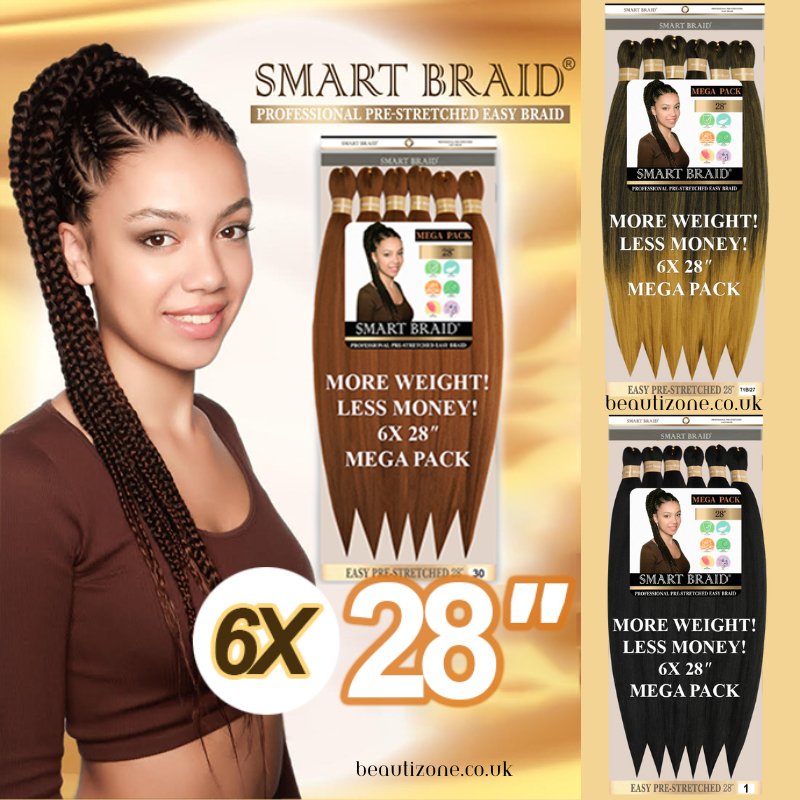 Smart Braid 6X PACK 28" Pre-Stretched I Pre-Plucked l Pre-Pulled Easy Braid Hair, Smart Braid, Beautizone UK